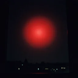 a giant red glowing spot is visible in the sky, night, view from a window, 1998 photo