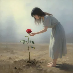 lonely rose growing on dry soil, woman caring for the rose, fantasy world, ethereal back light, mist, coherent composition, detailed fantasy painting by noriyoshi ohrai, yuumei, mark brooks