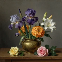 painting, Dutch style, old masters, Jan Davidszoon de Heem, still life with flowers, iris, marigold, rose, lilies,