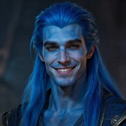 a portrait of a man with long blue hair tied back and blue skin, a character portrait, no beard, smiling, trending on deviantart, fantasy art, lighthearted, handsome, style by donato giancola, wayne reynolds, jeff easley dramatic light, high detail, cinematic lighting, trending on artstation