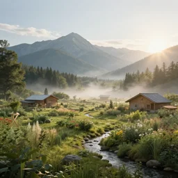 ecovillage designed by olson kundig, day time, grand mountains and forest in the distance, farm and gardens, streams, white mist, sun in the sky, Cinematic, environment concept art, ethereal, ultra detailed, unreal engine style, cinematic light, trending in artstation, highly detailed, epic scene