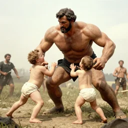 giant man - babies battling, photograph, historic, detailed