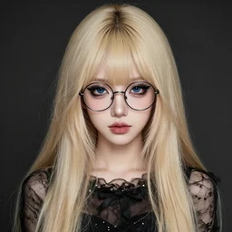 digital portrait of a beautiful adorable emo girlfriend with winged eyeliner and pretty makeup, long dirty blonde hair and a fringe and dark blue eyes, wearing large round very thin - rimmed glasses, black punk skater dress, dirty blonde color very long styled hair with straight thick fringe and bangs, intricate, sharp focus, digital illustration, highly detailed, octane render, digital painting, matte, art by professional artist
