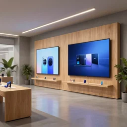 2 0 3 0 s flagship retail interior. experience. telco digital screens phones. wood, polished concrete, neon, ceiling spots. plants. samsung microsoft apple nike adidas tesla muted colors!!!!!!!!!! ( ( ( ( ( ( ( ( ( ( ( digital painting by shaun tan ) ) ) ) ) ) ) ) ) ) )