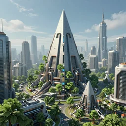 futuristic cityscape, mechanical pyramids, solarpunk, technological, fresh, trees, utopia, highly intricate, trending on artstation