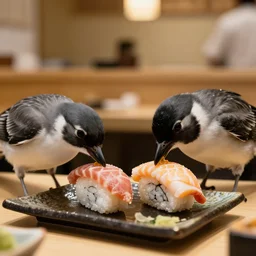 two birds eating sushi at a restaurant, high quality, photorealistic image, 4k