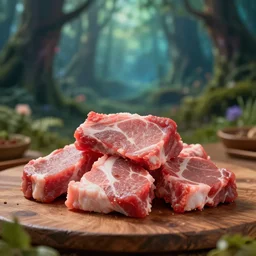 5 5 mm photo of a pile of freshly cut meat on a wooden table in a magical forest. dof. bokeh. magical atmosphere. art by greg rutkowski. highly detailed 8 k. intricate. lifelike. soft light. nikon d 8 5 0.