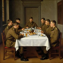 us army soldiers sitting at a long rectangle dining table, old painting, intricate, 8 k, us soldiers in uniform eating dinner, dinner table, dining room, renaissance, leonardo da vinci
