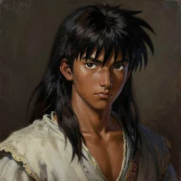 prompt : ragnarok online portrait soft light painted by james jean and katsuhiro otomo, inspired by akira anime, epic fantasy, a young long haired peasant boy with dark skin, brown skin, a dark complexation in plain fantasy clothing with intelligent eyes, intricate oil painting, high detail illustration, sharp high detail, manga and anime 1 9 9 9