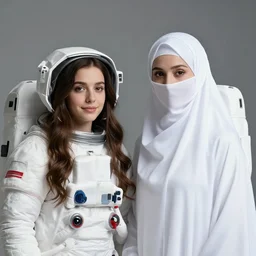 portrait of yael shelbia and kang seul - gi, venus squid astronaut, burka, white hair, intricate design details. cyberpunk, rioter, by ruan jia and beeple. smooth gradients, deep space.