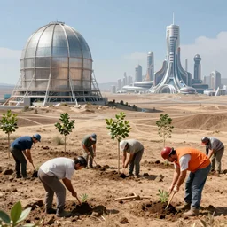 a group of workers planting trees in a barren landscape alongside a sci fi nuclear containment building with a utopian city in the distance