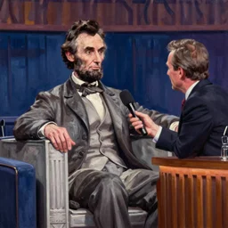 vivid oil painting of abraham lincoln being interviewed on a late night talk show
