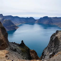 wide angle of a mountains landscape with a blue lake, mist, ultra detailed matte painting, matte painting, ultra detailed