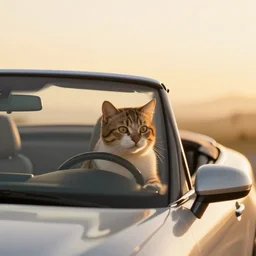cat cruising in a cabriolet, golden hour, front top side view, golden ratio, idyllic setting