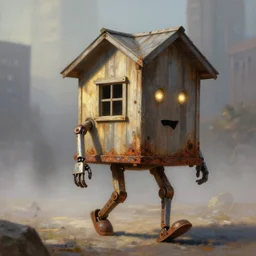 a walking small wood house with two mechanical legs and two glowing eyes and a mouth, rust, hyperrealistic, pareidolia, highly detailed, cinematic, single ray of sun, fog, city in background, beautiful, cgssociety, artstation, 8 k, oil painting