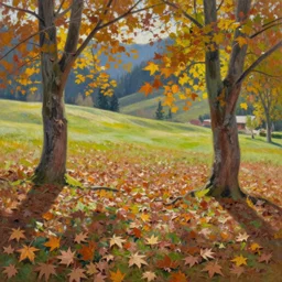 maple tree leaves covering the floor, autumnal light, rolling meadows, kashmir, oil painting, impressionism