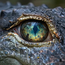 macro photography of an alligator eye which is a stone portal to another world, the world filled with dark creatures, cinematic light, highly detailed, sharp focus, high resolution, anime