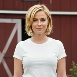 film still of brittany murphy standing outside a barn, short blonde hair, beautiful face, wearing shirt, realistic proportions, ink, black and white, illustration, cinematic compo, sition, lineart, clean lines, sean phillips