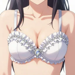 Worksafe. Close-up a princess wearing bra with many frills and diamonds, by krenz cushart and makoto shinkai. Accurately shaped. A very clean image.