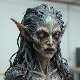 photo taken of an epic intricate, ultra detailed, super realistic gritty, terrifying, lifelike sculpture of a nightmarish siren creature design created by weta workshop, zoomed in shots, photorealistic, sharp focus, white wall coloured workshop, cold colour temperture, f 0. 4, face centred