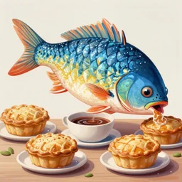a beautiful painting of a fish eating pies, gigantic, octane render, brilliantly coloured, intricate, ultra wide angle, trending on artstation, dusk, volumetric lighting, polished, micro details, ray tracing, 8k