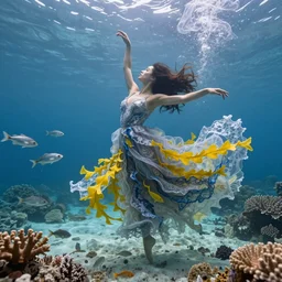 woman dancing underwater wearing a long flowing dress made of many translucent layers of silver and blue lace seaweed, bolts of bright yellow fish, delicate coral sea bottom, swirling silver fish, swirling smoke shapes, octane render, caustics lighting and coral on the seafloor, lighting from above, cinematic, hyperdetailed