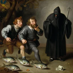 The medium shot of three sarcastic mans with fishes running away with a small profit of money, thinking they've made a great deal, Grim Reaper laughs and follow them, by Hieronymus Bosch and Pieter Bruegel, super detailed oil painting, proportional faces, hyper realistic, 4k, masterpiece