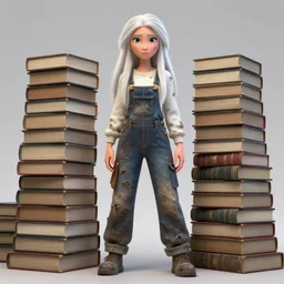 full body pose, beautiful adult fairy, pixar, long white hair, dirty, grungy, grunge, long sleeve, painted overalls, stacks of giant books, highly detailed, 4 k, hdr, smooth, sharp focus, high resolution, award - winning photo, artgerm, photorealistic