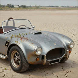 closeup of rusty shelby cobra, vine covered, desert, cracked dry lake bed, by Zdzislaw Beksinski, Norman Rockwell, al duke, Valter de Morais, highly detailed, soft lighting, film grain, 8k resolution, hd, oil on canvas