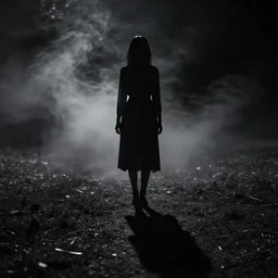 black dark fantasy smoke on night field, single girl silhouette, shadow, hyper detailed, vignette, ground, unfocused, realistic