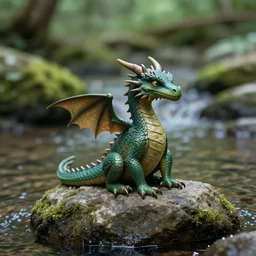 A small dragon sitting on a rock, woodland creek, realistic.
