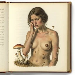 a page from an old botany book of a woman with mushrooms sprouting all over her skin who looks distressed. in the style of franz kafka the metamorphosis. trending on artstation.