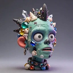 portrait headshot of a zombie punk encrusted with gems seashells and crystals, photorealistic, dynamic lighting, action figure, clay sculpture, claymation, gradient studio background, trending on artstation