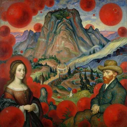 beautiful visionary hypermaximalism ancient painting of a beatiful scenic mountain range surrounded by round vermilion blobs, by maria sibylla merian and vingent van gogh and wendy froud and ted nasmith