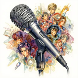 a beautiful insanely intricate watercolor illustration of microphone, reflexions, colorfull, by william turner art, by greg rutkowski, by james jean, by rossdraws, by frank frazetta, by sakimichan, by edmund dulac, trending on artstation, insanely detailed, masterpiece,