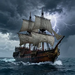 pirate ship in the middle of the ocean with thunderstorms, cinematic, concept art