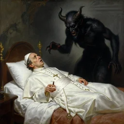 the catholic pope in his bed, scared, because a horned shadow demon is approaching him. highly detailed painting by gaston bussiere, greg rutkowski, craig mullins 8 k