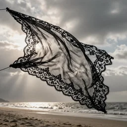 a piece of cloth made of black transparent lace flying in the wind on the beach, swirling, folding, moving, wind, by waterhouse