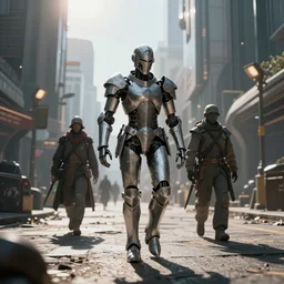 photorealistic cyborg knights exploring post - apocalyptic futuristic city streets. daylight. sunlight. lens flare. light fixtures. 8 k. detailed. photorealism. artstation. 2 5 mm f 1. 7 a