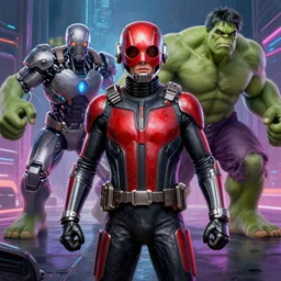 realistic portrait beautiful detailed 3 d painting of cinematic movie scene of ant - man and cybernetic hulk. action sequence, created by gustave dore and raffaelo sanzi, high detailed, smooth draw, synthwave neon retrofuturism, intricate, realistic proportions, dramatic lighting, trending on artstation.