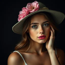 a portrait of a young beautiful woman with a flower hat on, cinematic lighting, studio quality, high quality, smooth, sharp focus, circa 1 9 0 5,