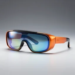 award winning product photography, full shot, 3 5 mm lens, of a holographic orange metallic and blue metallic shiny ergonomic augmented reality glasses like hololens as off bertone mantide ( 2 0 0 9 ), holographic display lenses, studio lighting,