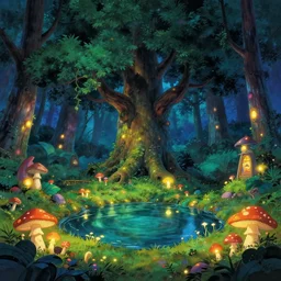 a sanctuary in an enchanted forest, large tree in the middle, pond, night, mushrooms, glowing lights, epic fantasy, colorfully, digital art, highly saturated colors, concept art, detailed illustration, hd, 4 k, digital art, greg rutkowski, dan mumford, studio ghibli trending on artstation