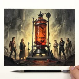 watercolor knife & blood refinery machine by richard corben, boris vallejo, bernie wrightson, ian miller, boris vallejo, & albrecht durer, fine art masterpiece baked at 3 0 0 f, matte painting, backlit dystopian lighting, photorealistic render, cinematic,