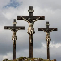 three 1st century empty crucifixion crosses on calvary hill, miraculous cloudy backdrop, close up, dslr photo