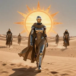 a cyborg dressed in a large cloak walking through a dangerous desert, guardians of the sun, close up, in the center, centered, epic, intrincate, volumetric, by moebius, jean giraud & kilian eng moebius style
