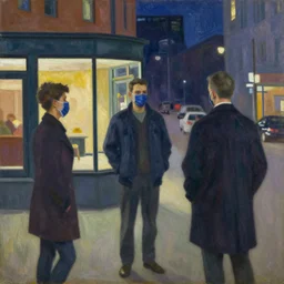oil on canvas, painting from edward hopper, in the style of nighthawks, weating ffp 2!!! masks, covid!!! 1 9 4 2, modernism, american realism