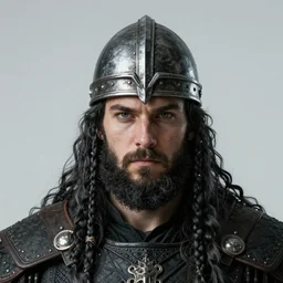 portrait of a young giant viking king wearing a helmet crown with long tangles of beautiful black hair braids and beard, sharp eyes, hyper realistic face, fantasy art, greg rutkowski, intricate, alphonse mucha, hyper detailed engraving, concept art, elden ring, illustration, smooth, sharp focus, by gustave dore and greg rutkowski