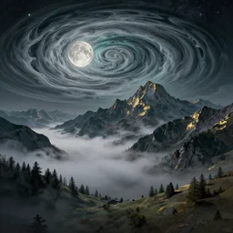 a beautiful digital artwork of a swiss landscape with asperitas clouds spiraling into moon, fog, dark, volumetric lighting, tall mountains in the background, starry night, very detailed, cirrus, teal and gold accents, washed out colors, intricate detail, ultrarealistic, master level composition, exhibit at the louvre museum