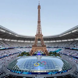 olympic games in paris, with giant glass stadium near eiffel tower, opening ceremony on the scene, huge crowd, sunny day, party, hyperdetailed, artstation, cgsociety, 8 k